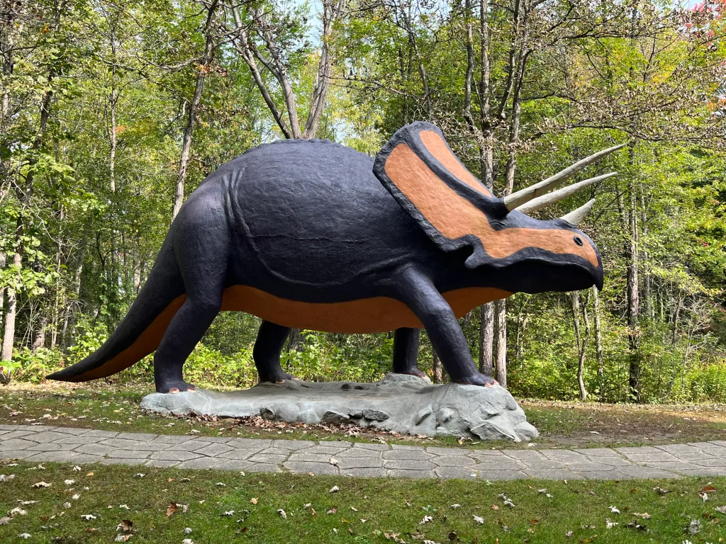 A painted Triceratops statue on the woodland trail